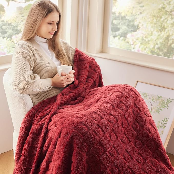 NEWCOSPLAY Super Soft King Blanket Red Premium Silky Flannel Fleece 3D Heart Checkered Lightweight Bed Blanket All Season Use (Red Heart, King(90"x110"))