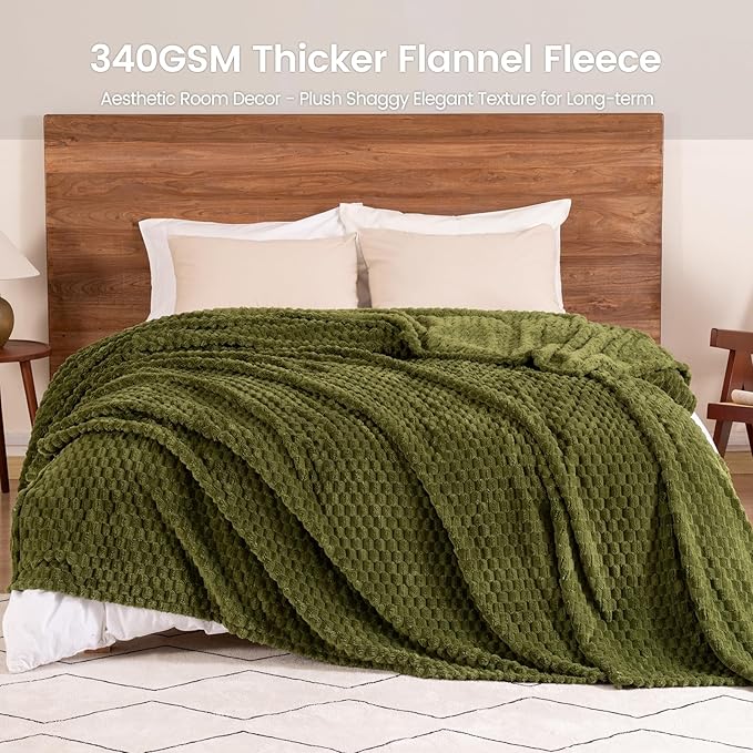 David's Home Ultra Cozy Fleece Blanket Throw Size, Fluffy Soft Lightweight 3D Jacquard Flannel Breathable Blanket Durable for All Seasons, Elegant Layer for Bed Couch Home Room Decor, Olive Green