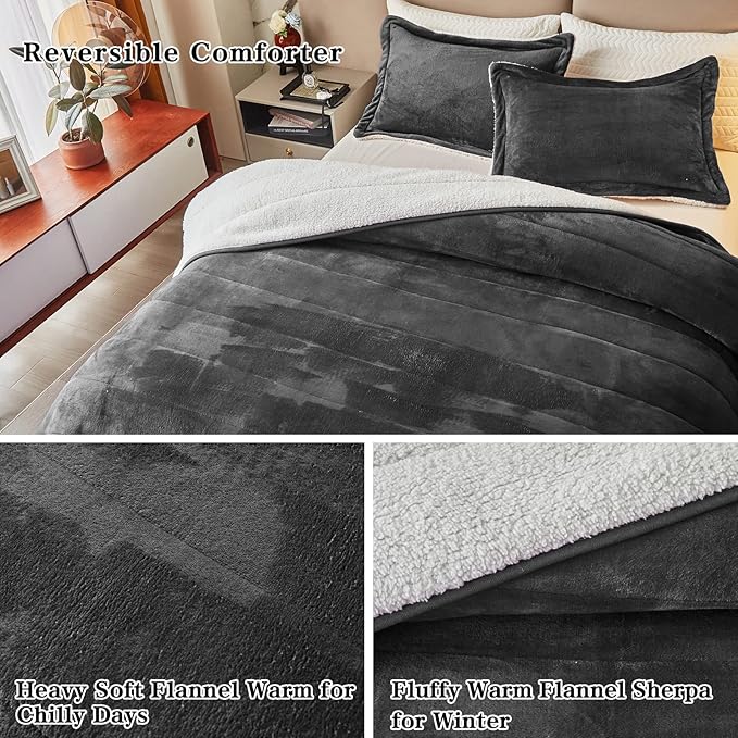3-Layer Luxury Flannel Fleece Thick Bed Blanket Full Queen Size, Soft Plush Velvet Sherpa Blanket with 2 Pillow Shams Heavy Warm for Winter, Breathable n Washable, Dark Gray