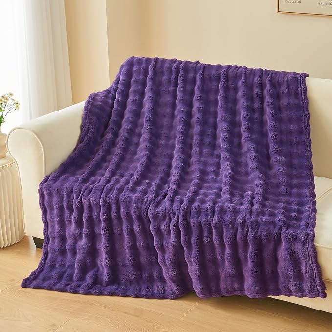 NEWCOSPLAY Twin Blanket for Couch Purple Super Soft Flannel Fleece 3D Bubble Lightweight Bed Blanket All Season Use (Purple, Twin(60"x80"))