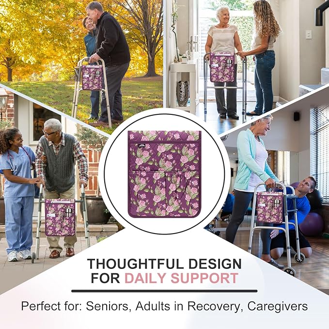 supregear Walker Bag, Universal Seniors Caddy Organizer with Multiple Pockets, Lightweight Accessories for Elderly, Rollators, Wheelchairs and Bedside Rails, Easy to Use Storage Pouch, Floral Purple