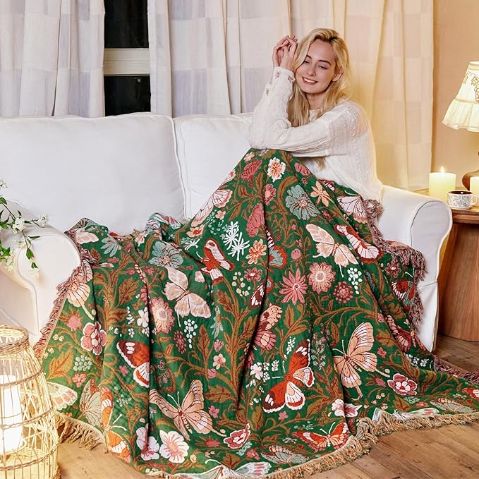Boho Throw Blanket for Bed Cotton Blankets for Bedroom Living Room Twin All Season Lightweight Butterflies Embroidery Quilt for Couch Sofa Chair 60"x80"