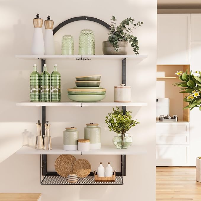 Floating Shelf for Wall- 31.5"x 24" 3+1 Tier White Bathroom Floating Shelves with Basket for Bathroom, Living Room,Bedroom and Kitchen