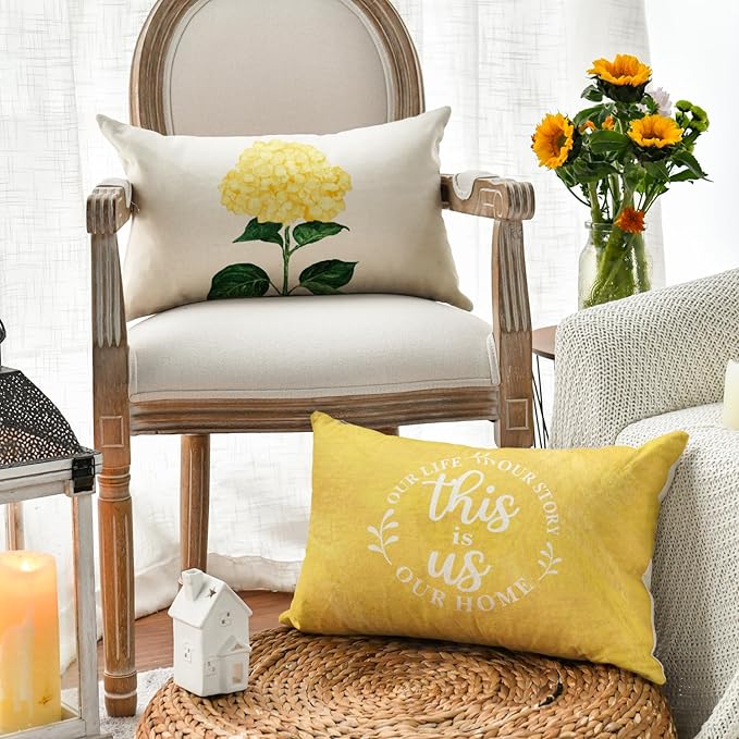 AVOIN colorlife Yellow Hydrangea Summer Throw Pillow Covers, 12 x 20 Inch Today is A Good Day Dark Yellow Cushion Case Decoration for Sofa Couch Set of 4