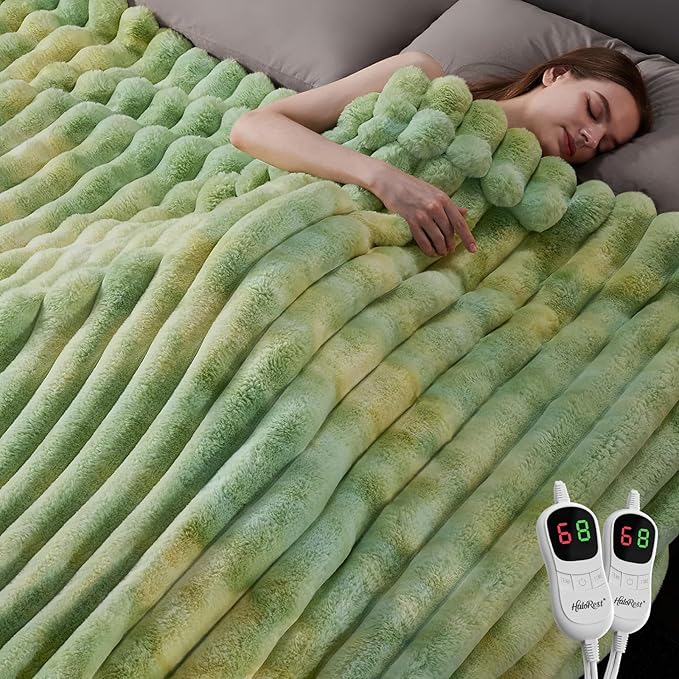 Heated Throw Blanket, Faux Fur Cozy Heating Blanket with Overheat Protection, 1/2/4/6/8 Hours Auto-Off 10 Heat Level, Machine Washable (90x100 Inches, Tie-Dye Green)