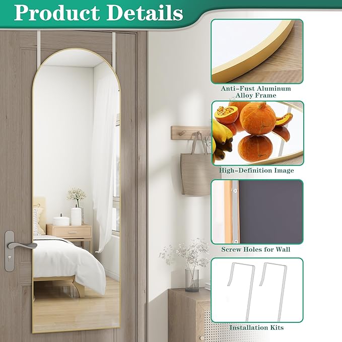 TinyTimes Over The Door Mirror Full Length,48"x14"Door Hanging Mirror Full Length Arch Mirror,Behind The Door Wall Mirror,Back of Door Mirrors for Closet Bedroom Living Room (Gold)