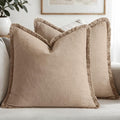 MIULEE Decorative Throw Pillow Covers Neutral Linen Fringe Throw Pillows Set of 2 Camel Boho Farmhouse Cushion Covers with Tassels for Couch Sofa Bed Living Room Spring Decor 18x18 Inch