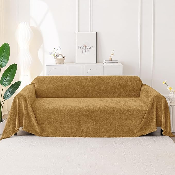Smiry Couch Cover for Dogs, Washable Chenille Sofa Covers for 3 Cushion Couch, Soft Sofa Slipcover for Pets, Thick Sectional Furniture Protector with Tassels (Yellow, 88.5x150 Inch)