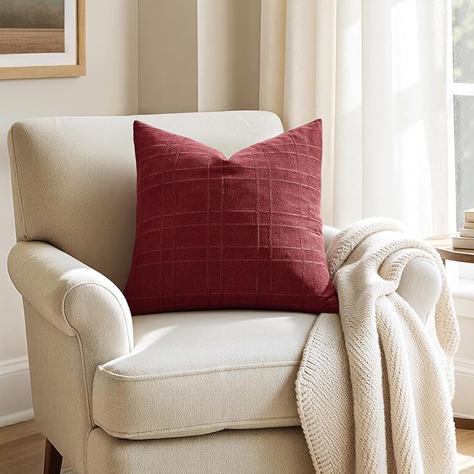 MIULEE Decorative Linen Check Euro Shams Throw Pillow Covers Neutral Farmhouse Vintage Pillow Covers 24x24 Set of 2 Boho Modern Home Decor for Sofa Couch Bedroom Cushion Burgundy