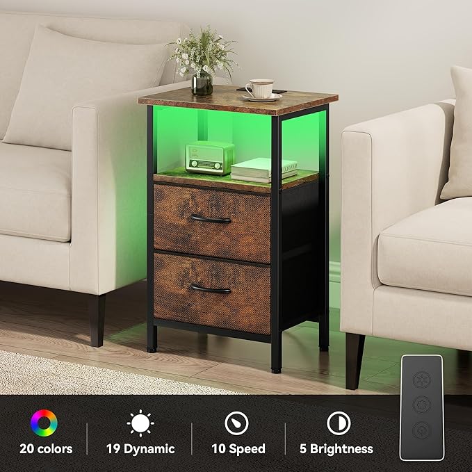 Vagusicc Nightstands Set of 2 Charging Station, End Tables with LED Lights, Bedside Table with 2 Fabric Drawers & Storage Shelves, 24.2" Tall Side Table Night Stand Set 2 for Bedroom, Rustic Brown
