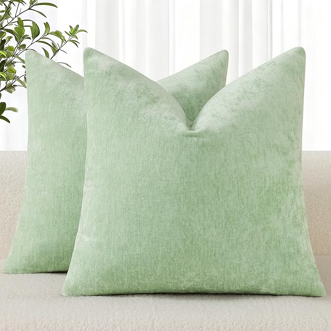 decorUhome Chenille Sage Green Summer Throw Pillow Covers 26x26 Inch Set of 2, Decorative Soft Couch Pillow Covers Solid Dyed Accent Farmhouse Neutral Square Pillow Cases for Sofa