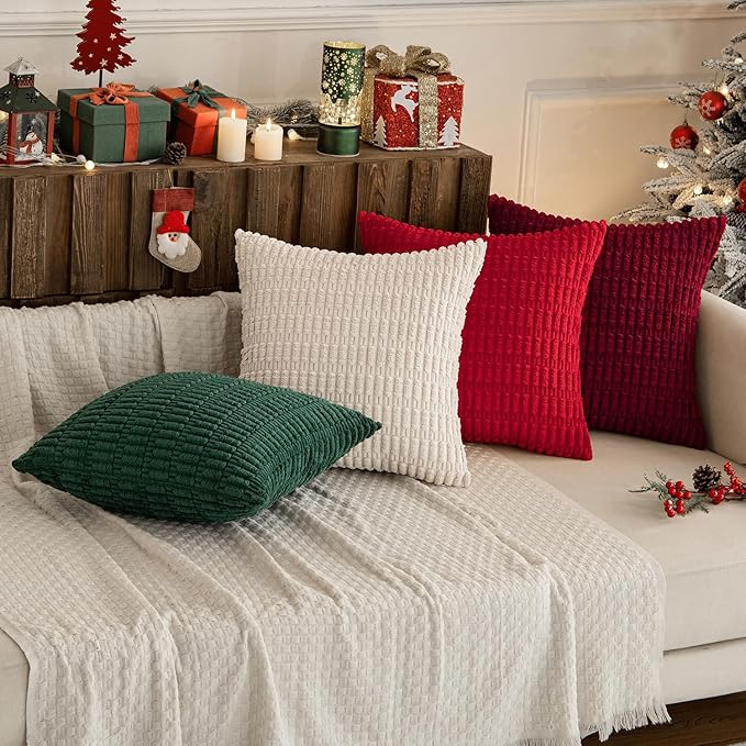MIULEE Pack of 4 Christmas Boho Farmhouse Red and Green Corduroy Decorative Throw Pillow Covers 20x20 Inch Retro Soft Striped Pillow Covers Home Decor for Sofa Living Room Couch Bed
