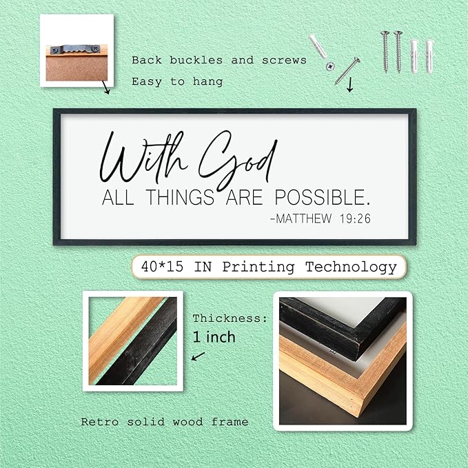 LuZhiQiang Christian With God All Things Are Possible Wall Decor 40"×15" Religious Home Bible Verse Sign Inspirational Print for Living Room Large Wood Framed Catholic Wall Art Hanging (Black)