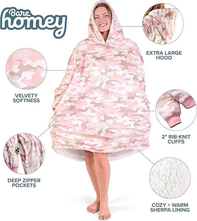 Bare Home Wearable Blanket Hoodie - Soft Plush Sherpa - Warm and Cozy - Oversized Wearable Blanket - Adult & Kid Sizes