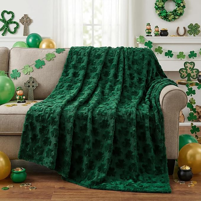 Horaldaily St. Patrick's Day Solid Blanket Throw, Drak Green Shamrock Soft Fuzzy Plush Faux Fur Cozy Blankets for Couch Sofa Bed Lounging, Ideal Gifts for Kids Adults Wife Self, 50x60