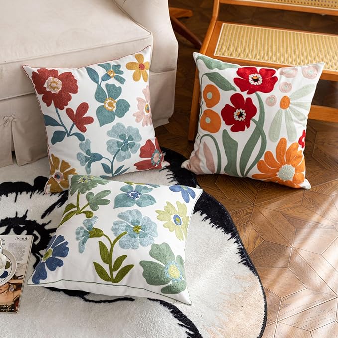 YIcabinet Pack of 2 Throw Pillow Covers,Embroidered Floral Pillow Case Soft Square Decorative Pillowcases for Home Sofa Couch 18x18 Inch
