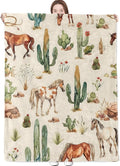 Western Horse Blanket with Cactus and Wild Mustang Pattern Throw Blankets Lightweight Flannel Throws for Camping Couch Chair Office Bed Rustic Home Decor Gifts for Adults,80x60inch