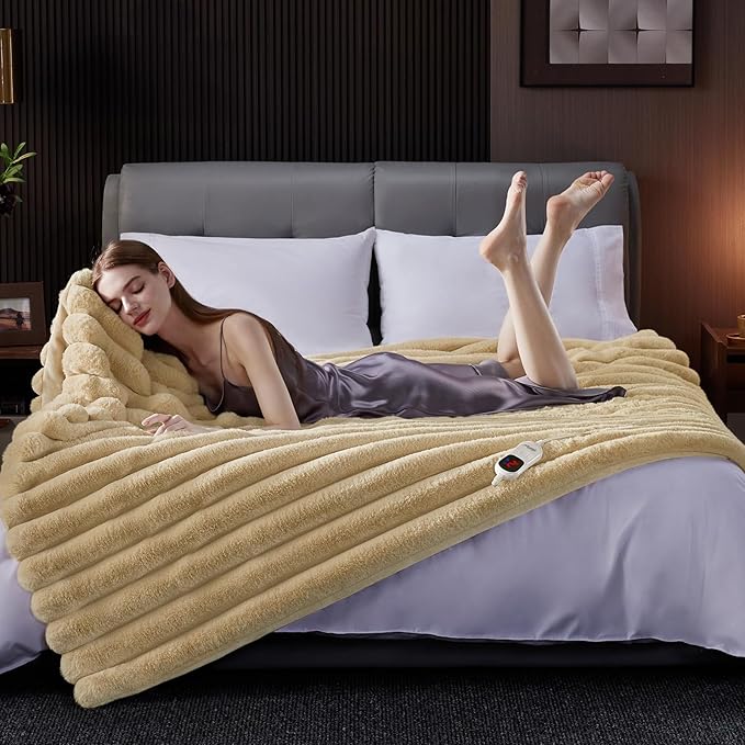 Heated Blanket Full Size, Faux Fur Cozy Heating Blanket with Overheat Protection, 1/2/4/6/8 Hours Auto-Off 10 Heat Level, Machine Washable (72x84 Inches, Beige)