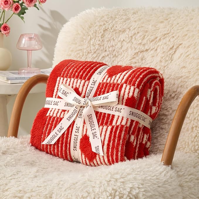 Snuggle Sac Red Heart Checkered Blanket for Women, Valentines Day Love Blankets Heart Blankets for Her Wife Mom,Super Soft Warm Fluffy Faux Fur Blanket for Couch Sofa Bed,Red Heart,60x80 inches