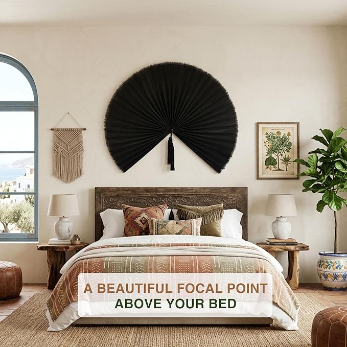 Chicvillage Bamboo Wall Fan Decor - 47” Handmade Woven Bamboo Wall Hanging Fan, Large Japanese Fan Wall Decor for Above Bed, Boho Natural Asian Wall Art, Lightweight & Easy to Hang (Black)