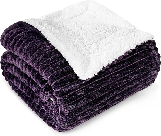 PAVILIA Dark Purple Sherpa Fleece Throw Blanket for Couch Twin, Soft Plush Fuzzy Blankets, Fluffy Flannel Sherpa Blanket for Bed, Warm 3D Ribbed Winter Blanket Gift, 60x80 inches