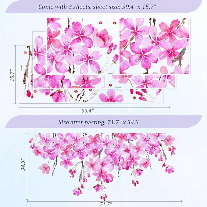 Cherry Blossom Flowers Wall Decals Peel and Stick, Large Floral Vinyl Wall Stickers, Removable Vine Home Decor Art for Bedroom Living Room Classroom Office