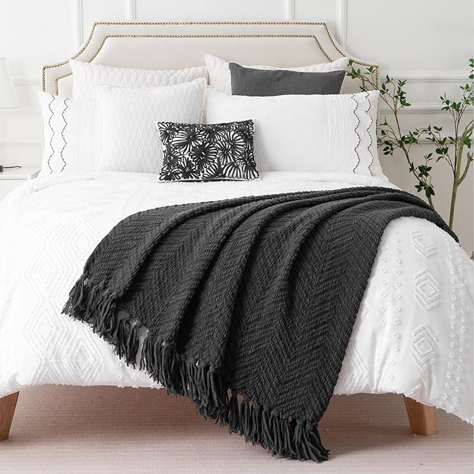 BATTILO HOME Dark Grey Throw Blanket for Couch, Knit Charcoal Throw Blanket Versatile for Chair, 60 x 80 Inch - Super Soft Warm Grey Blanket with Tassels for Bed, Sofa and Living Room