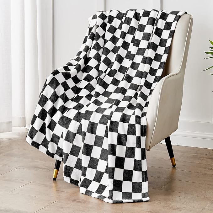 Checkered Blanket Flannel Throw Blankets Soft Cozy Checkered Grid Print Chessboard Gingham Pattern Throws for Bed Sofa Couch for All Seasons, 50x60 Inch, Black