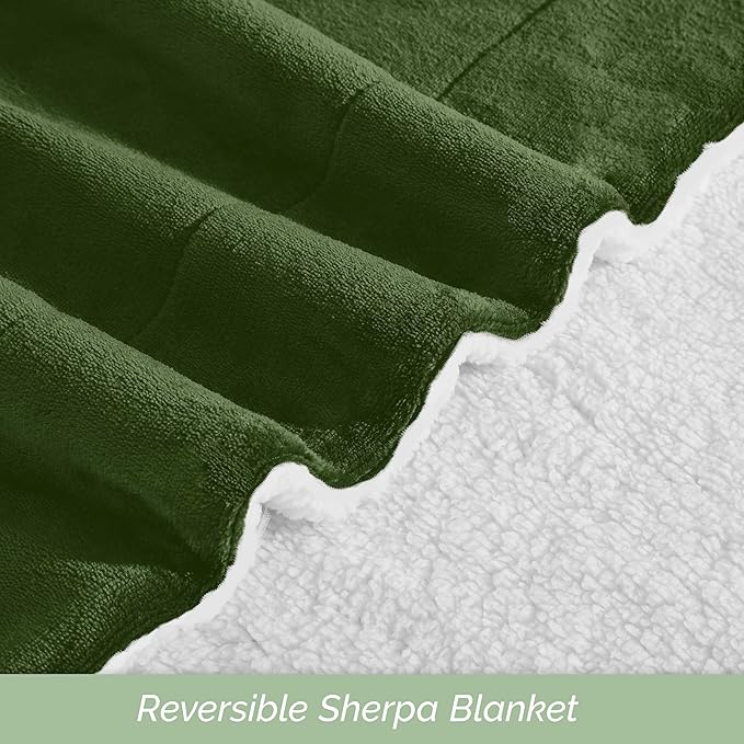 Elegant Comfort Ultra Soft Reversible Flannel Sherpa Blanket - Cozy Silky Fleece Throw for Couch, Bed - Plush Fuzzy Warm Winter Blanket for Gift, Queen, Sage