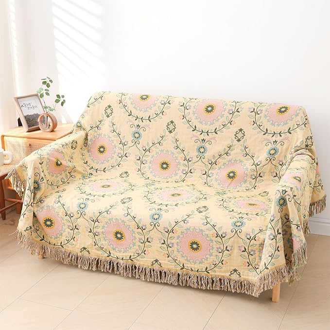 Snycler Boho Throw Blanket 91"x98" - 100% Cotton Ultra Soft Rustic Quilt, Green Floral Printed Farmhouse Decor for Bed, Sofa, Couch, Chair - All Season Cozy Blanket