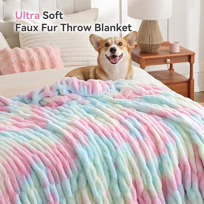 Smoofy Rainbow Throw Blanket for Couch – Ultra Soft Cozy Plush Fluffy Blanket with Faux Rabbit Fur, Fuzzy Lightweight Fleece for Sofa, Bed & Office, Gift for Women, Home Room Decor Throw 50"x 60"