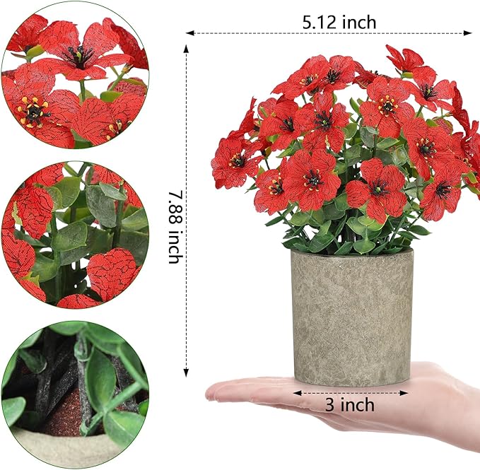 2 Pack Small Fake Plants Potted Artificial Plants Artificial Flowers Potted Faux Flower Daisy with Eucalyptus Leaves for Home Decor Office Room Farmhouse Indoor Table Bathroom Decor（Red）