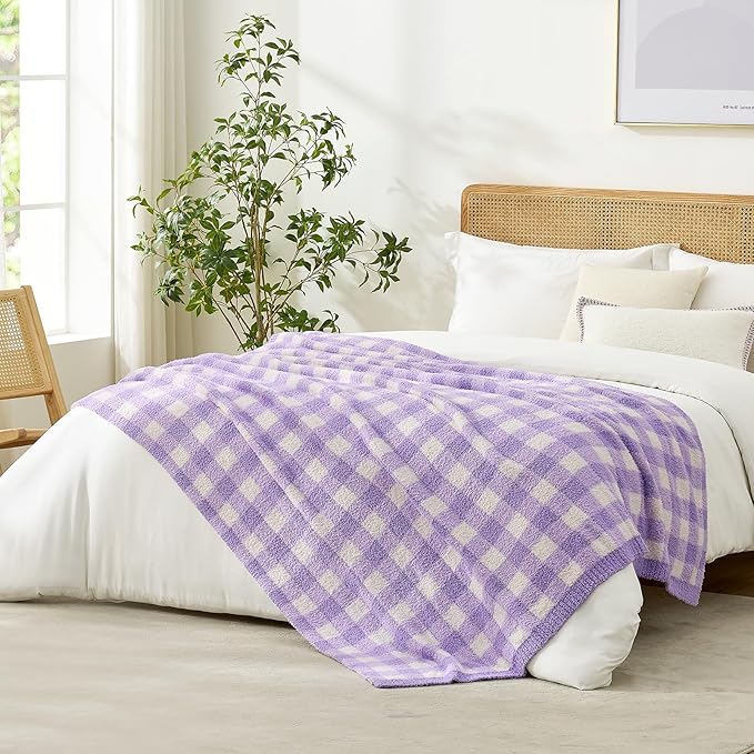 Snuggle Sac Checkered Throw Blanket for Couch, Super Soft Cozy Warm Knit Netural Decorative Fluffy Blankets, Reversible Buffalo Plaid Microfiber Throws for Sofa Bed, Plaid Purple, 50x60 Inches