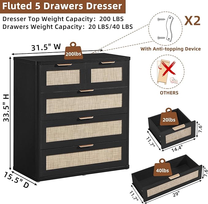 LEYAOYAO Rattan Dresser for Bedroom Set of 2, 33.5" Tall Chest of Drawers, Modern 5 Drawers Boho Dressers with Storage, Light Oak Dresser Wooden Closet Organizer for Living Room, Hallway, Black