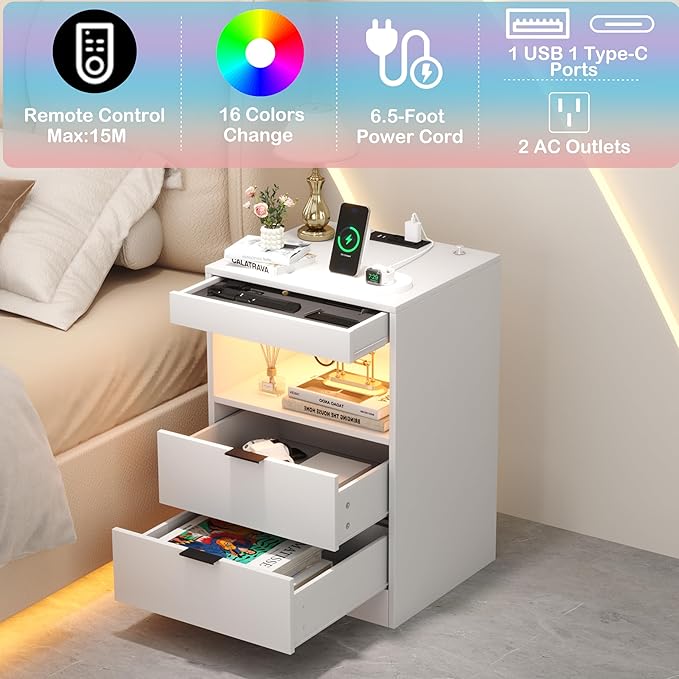 Yusong Night Stand with Gun Drawer & Invisible Lock, Bedside Table, LED Nightstand with Charging Station, Modern Night Stand, Wood Sofa Couch End Side Table with 2 Pull-Out Shelf, White
