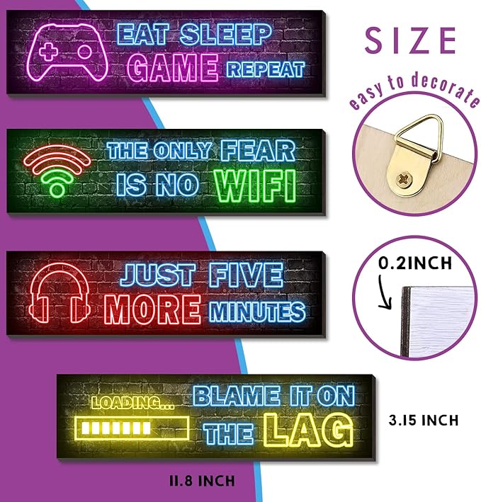 4 Pcs Printed Neon Gaming Posters, Teen Boys Room Decorations, gamer wall art Decor for bedroom Wooden