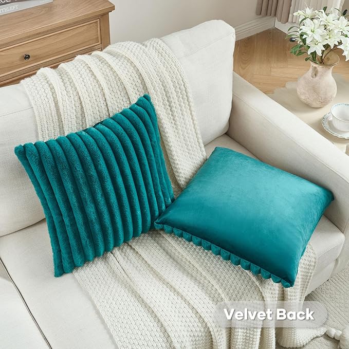 FUTEI Teal Green Decorative Throw Pillow Covers Set of 2, 18x18 Inch Soft Fluffy Faux Fur Plush Striped Cushion Cases, Modern Home Decor for Couch Bed Living Room