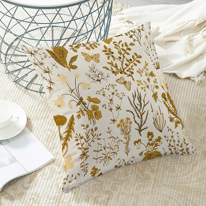 AEIOAE Summer Pillow Covers 18x18 Inch Set of 2,Mustard Yellow Wild Flower Plant Throw Pillows Case,Seasonal Floral Outdoor Decorative Square Linen Farmhouse Decor Cushion Covers for Home Couch