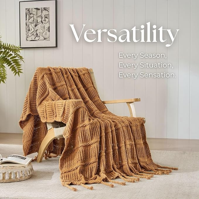 Boho Knitted Chenille Blanket with Tassels - Lightweight & Soft All-Season Throw - 3D Classic Pattern for Living Room Bedroom Couch, Amber Brown, Twin 60"x80"