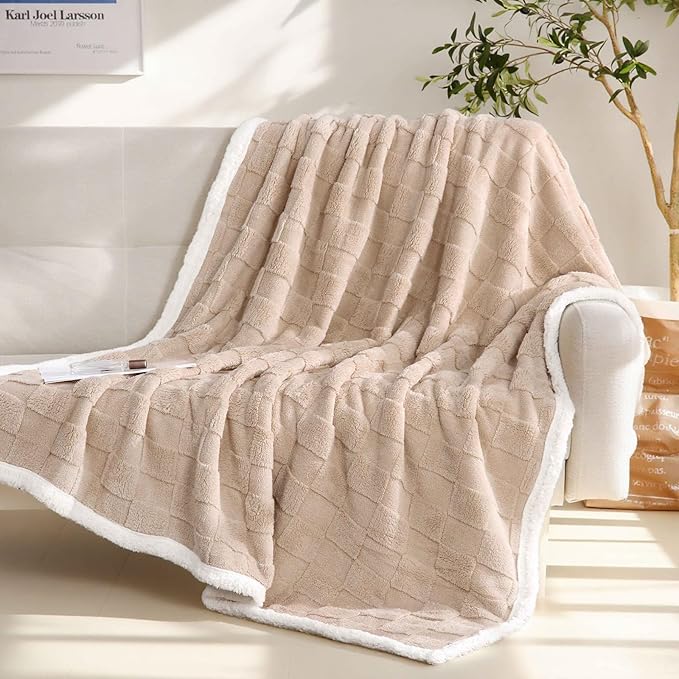 Sherpa Throw Blanket for Couch, Flannel Cozy Soft Thick Blanket for Bed - Fleece, Beige, 60x80 Inches