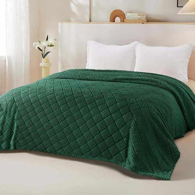 Whale Flotilla Fuzzy Fleece Twin Size Blanket for Bed, Soft Fluffy Jacquard Waffle Blankets for All Season, Lightweight and Warm, 60x80 Inch, Emerald Green