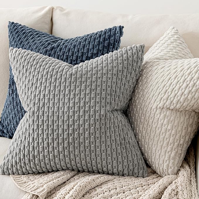 MIULEE Pack of 2 Decorative Throw Pillow Covers 16x16 Inch Soft Boho Striped Textured Corduroy Pillow Covers Modern Farmhouse Home Decor for Couch Bed Sofa Living Room Cream White