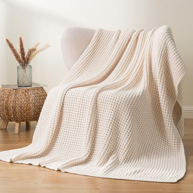 Bunnikins & Clover Cream White Throw Blanket for Couch, Waffle Ivory Throw Blanket for Bed, Warm Decorative White Blanket Throw for Home Decor, 50"x60"