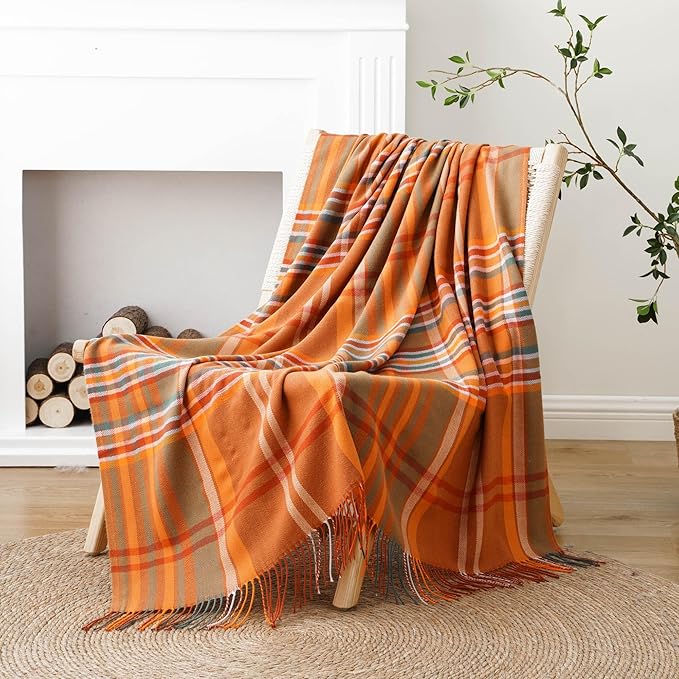 BATTILO HOME Orange Plaid Throw Blanket for Couch - Fall Throw Blanket - Lightweight Buffalo Plaid Blanket Throw Checkered Blanket for Bed, Sofa, Chair,Home Decor, Fall Decor