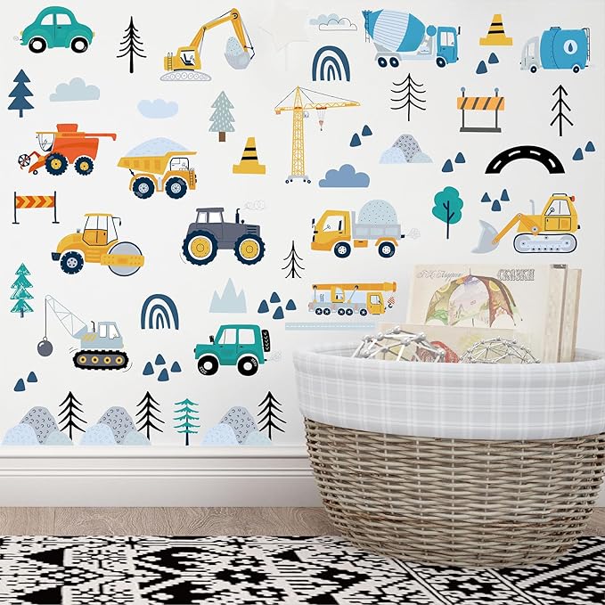 Construction Wall Stickers - 6 Sheets 90 Pcs Construction Themed Trucks Excavator Crane Wall Decals Peel and Stick Wall Decors for Kids Baby Bedroom Boys Room Nursery Playroom