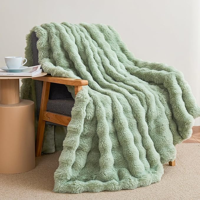 Faux Rabbit Fur Throw Blanket for Couch, Fluffy Warm Plush Thick Bubble Blanket for Bed Sofa Living Room, Soft Cozy Furry Blanket, 60x80 inches, Sage Green