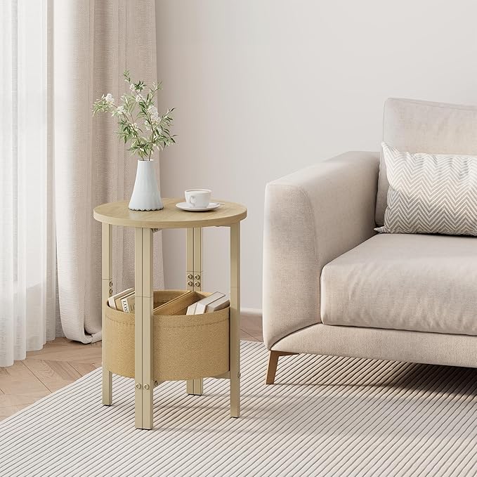 Vagusicc Small Round Side Table End Table, Tall Accent Table with Storage Basket, Set of 2 Half Round Tables Half Moon Tables, Coffee Bedside Tables, Modern Nightstand for Living Room Bedroom,Natural