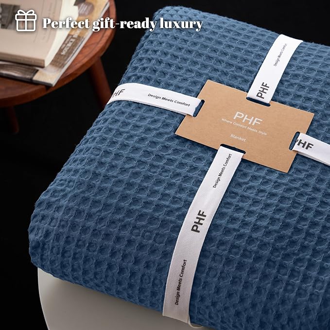 PHF Ultra Soft Waffle Weave Throw Blanket 50"x 60"- Washed Lightweight Breathablee Cozy Woven Blanket - Great for Couch Bed Sofa Home Car - Navy Blue
