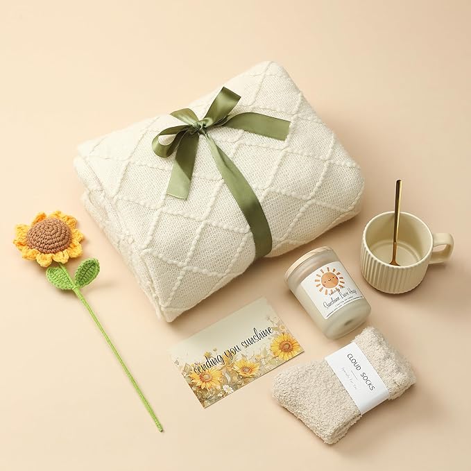 Self Care Gifts for Women - Luxury Package with 50"x70" Cozy Knitted Blanket, Fuzzy Socks, Soy Candle, Sunflower Decor | Birthday, Thinking of You, Get Well Gifts | Mom, Girlfriend, Best Friend