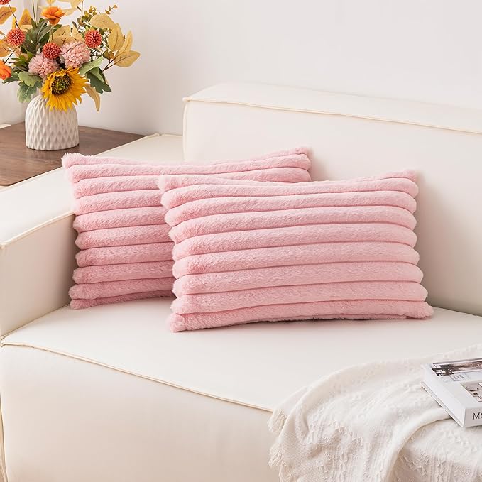 Aegero Pack of 2 Faux Fur Christmas Throw Pillow Covers 12x20 Inch, Soft Plush Striped Neutral Couch Pillow Cover, with Velvet Back Modern Home Decor for Sofa Living Room Couch Bed Pink